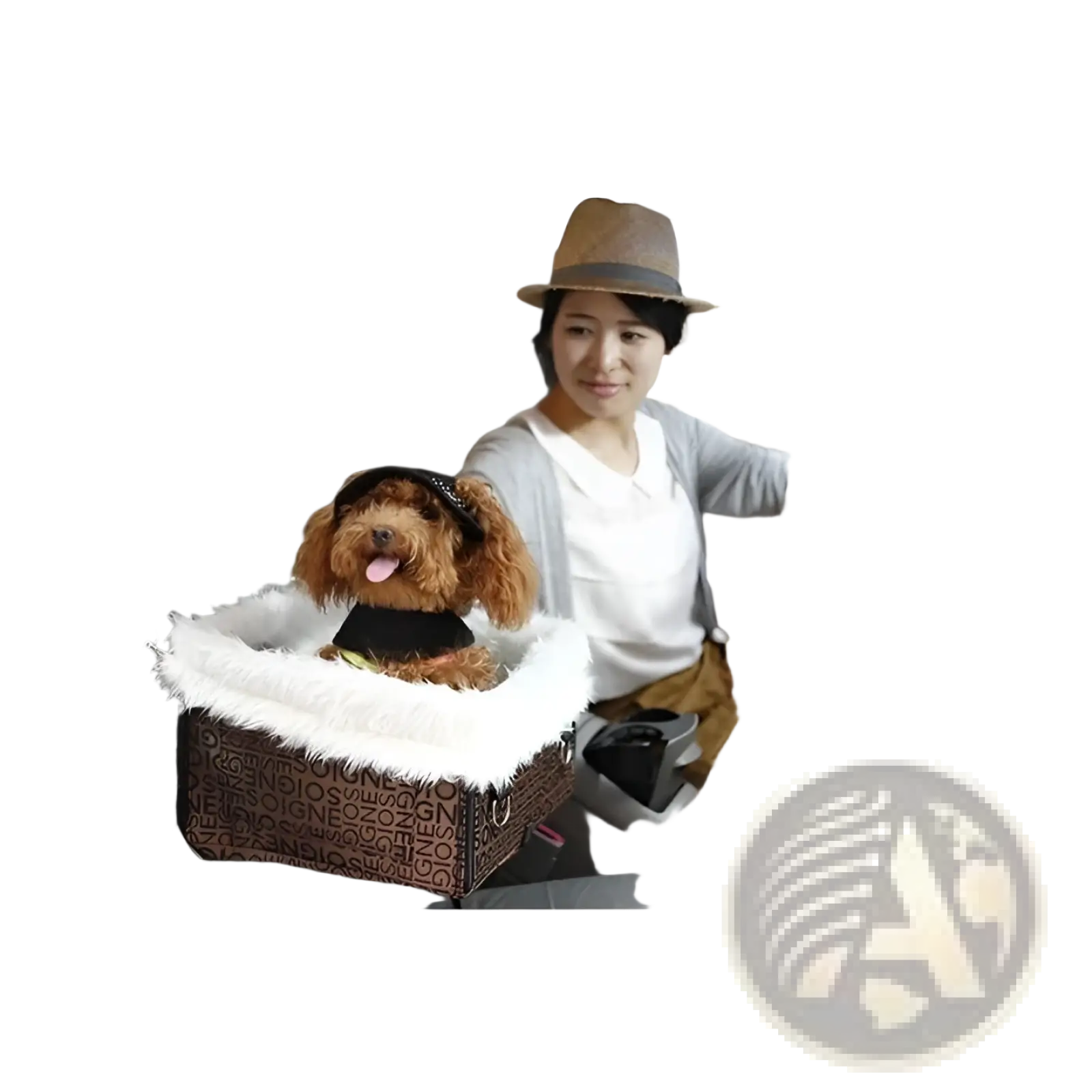 Brown patterned elevated dog car seat basket with white faux fur lining and waterproof portable booster design