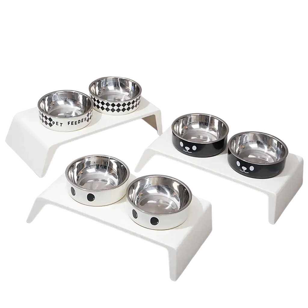 White plastic elevated dog feeder with stainless steel bowls featuring black and white panda face designs