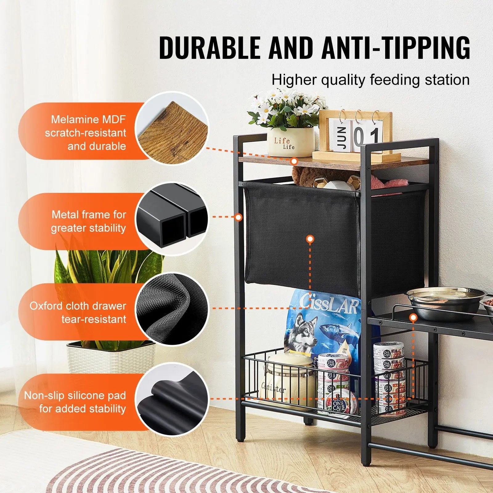 Elevated dog feeding station with black fabric, metal frame, and wooden top shelf for pet feeding and storage