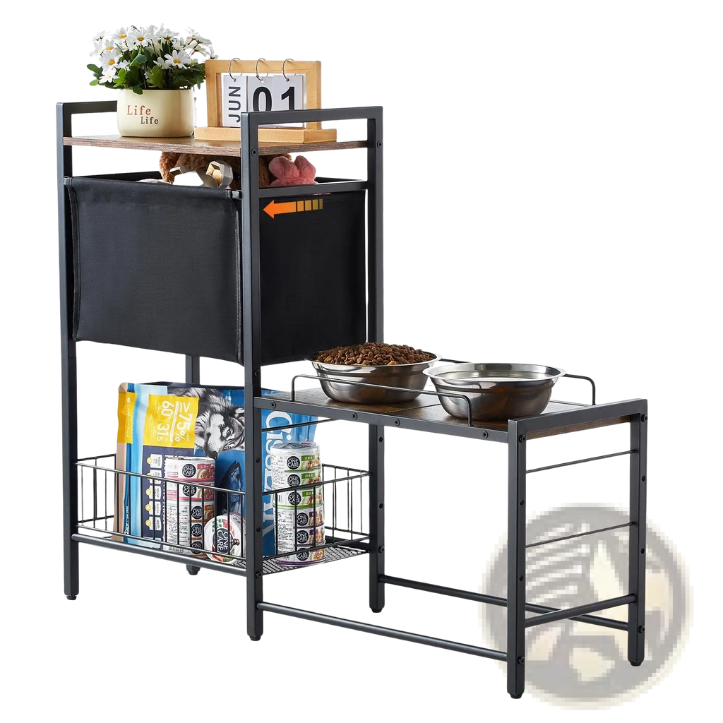Black metal and wood elevated dog feeding station with storage featuring two stainless steel bowls on top