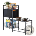 Black metal and wood elevated dog feeding station with storage featuring two stainless steel bowls on top