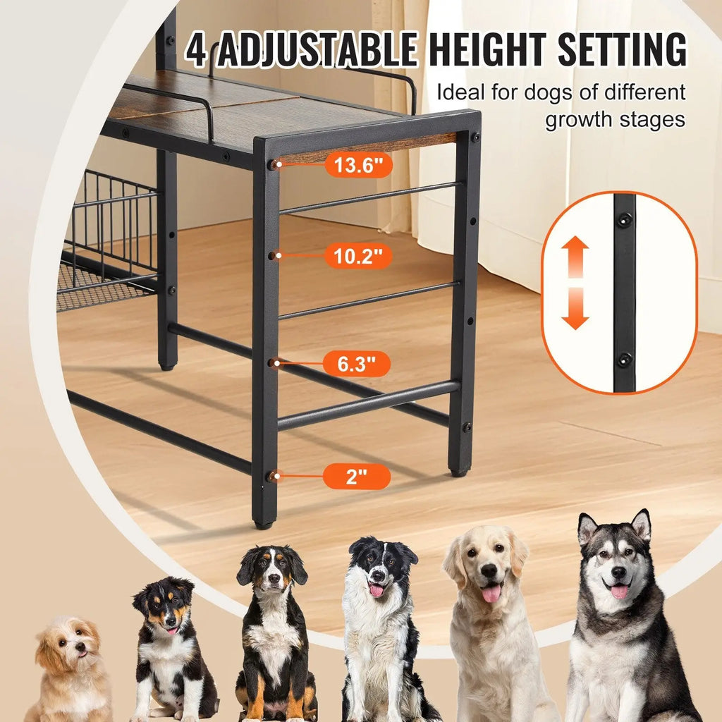 Adjustable-height black metal dog bed frame with wooden top rail for elevated dog feeding station with storage