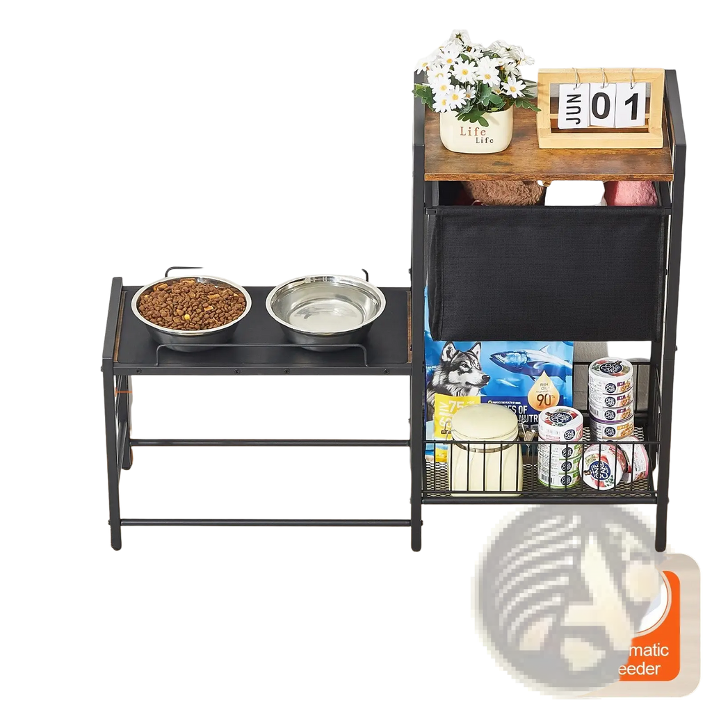 Elevated black metal pet feeding station with two bowls one filled with kibble and one empty and storage space