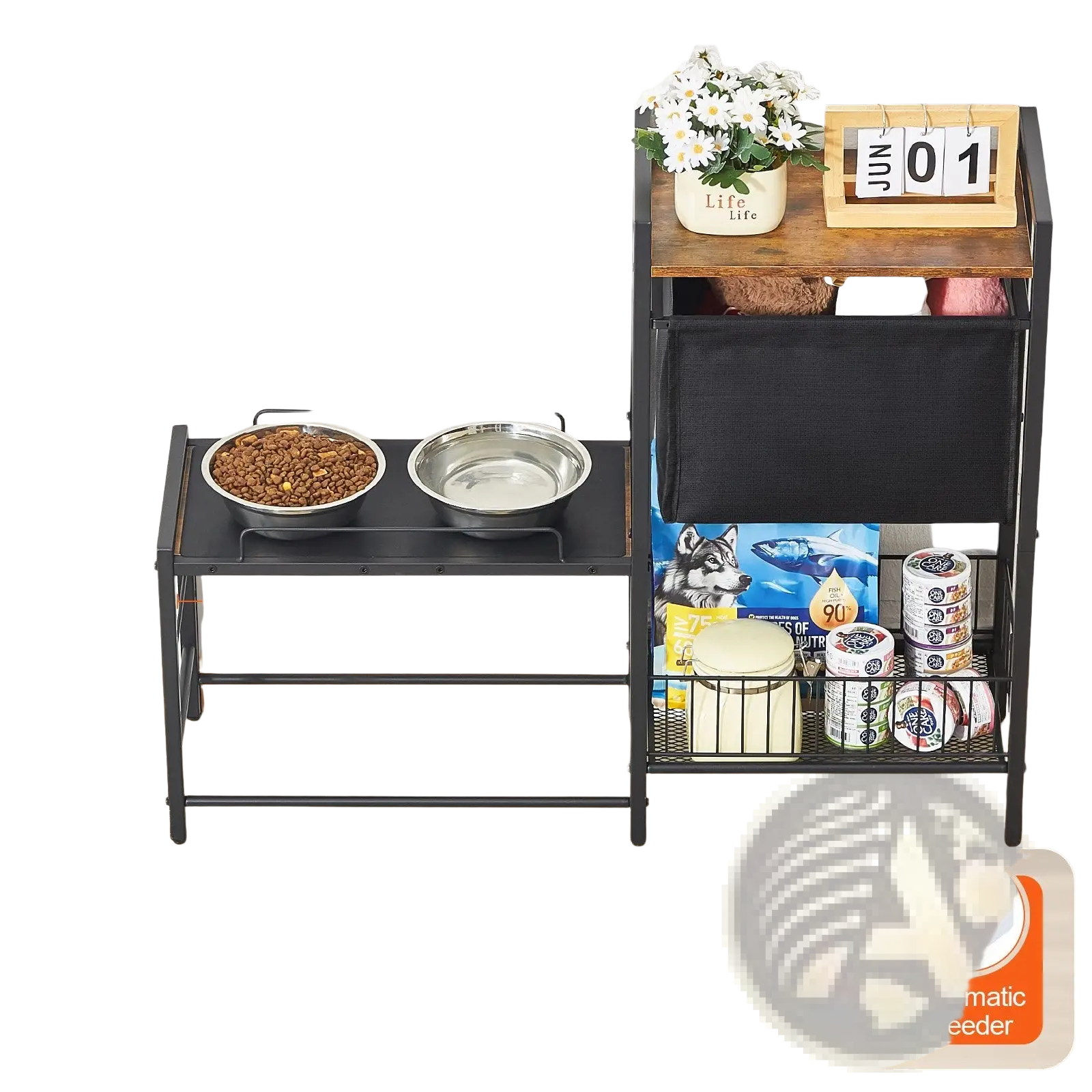 Elevated black metal pet feeding station with two bowls one filled with kibble and one empty and storage space
