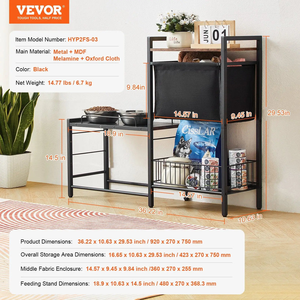 Elevated dog feeding station in black metal and mdf with a fabric enclosure and storage for pet feeding supplies