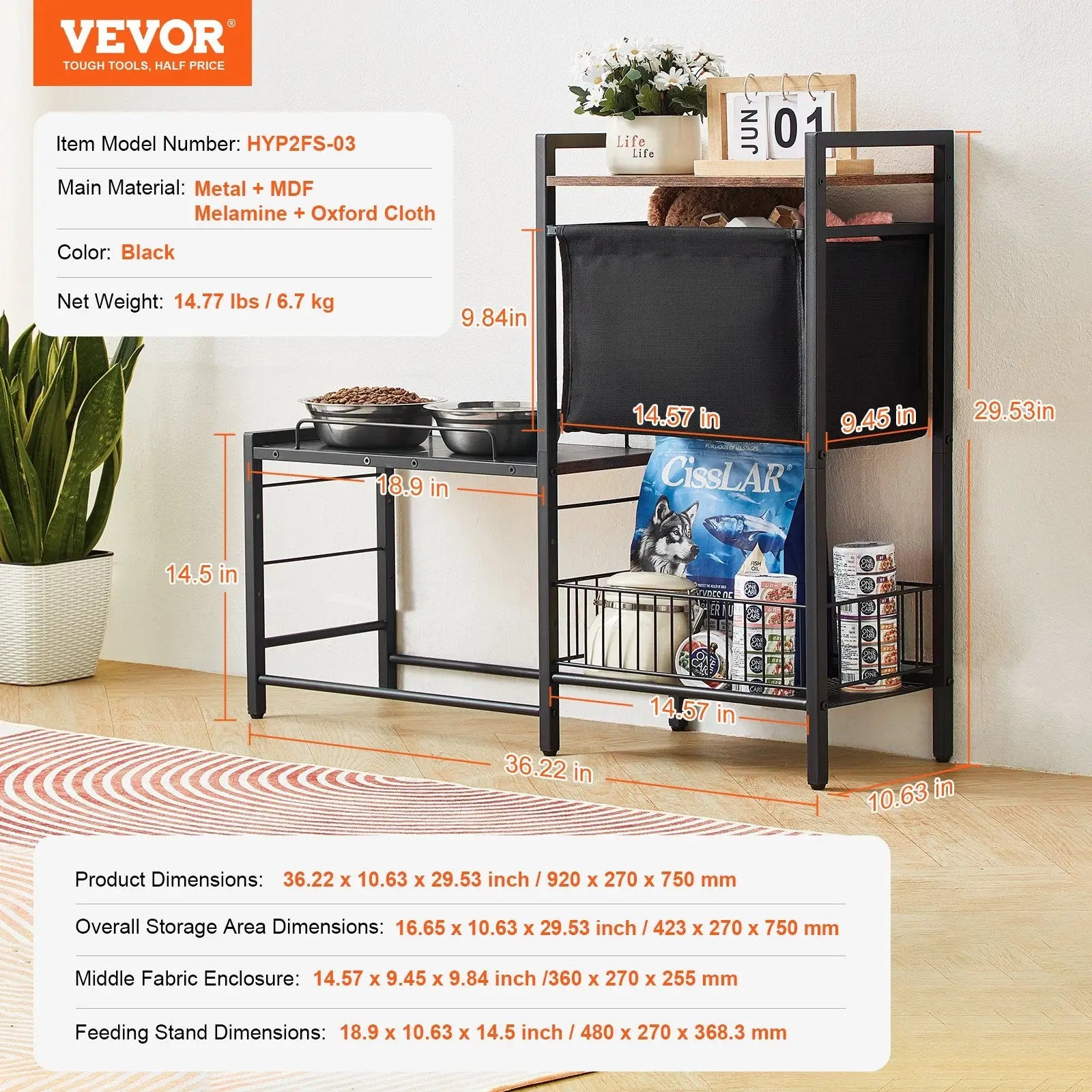 Elevated dog feeding station in black metal and mdf with a fabric enclosure and storage for pet feeding supplies