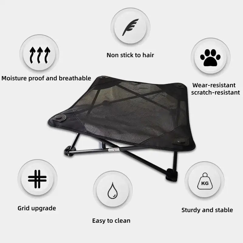Black mesh elevated folding dog cot with foldable metal legs for durable and portable pet bedding
