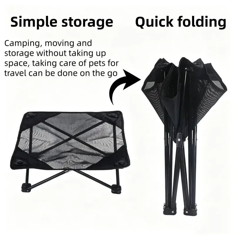 Black mesh elevated folding dog cot with foldable metal frame for durable and portable pet bedding