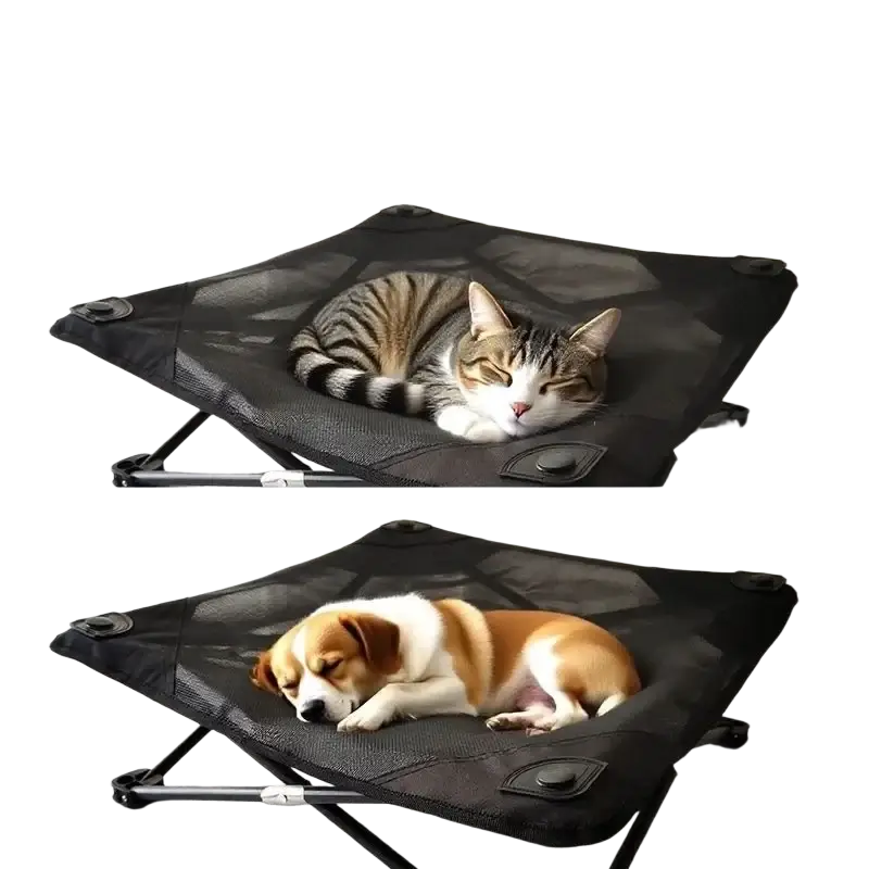 Elevated folding dog cot with black mesh bed and adjustable metal frame for comfortable pet support