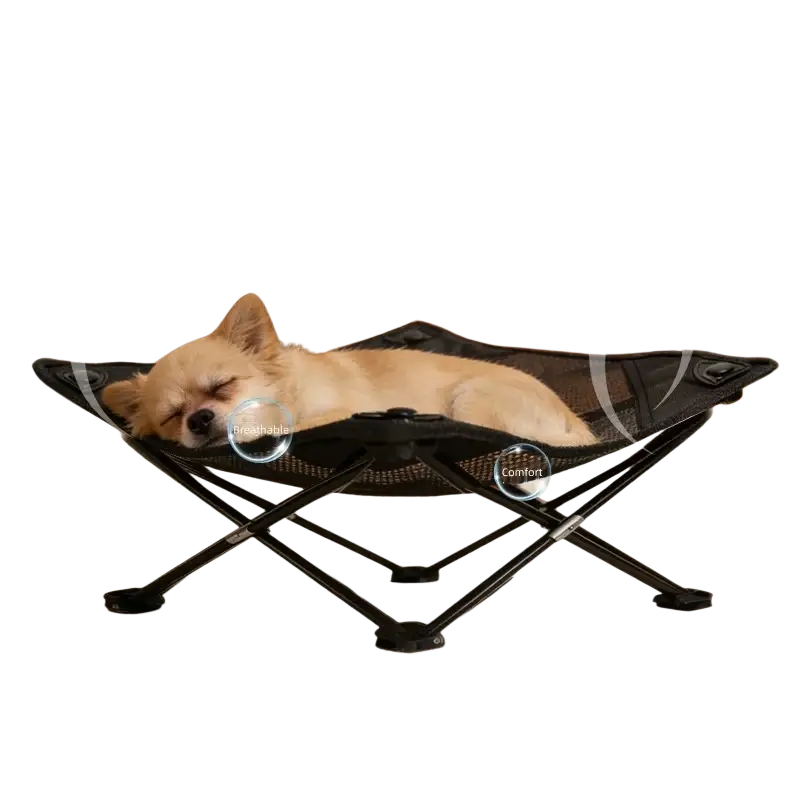 Black folding elevated dog cot with mesh top and metal frame for durable pet comfort and easy storage