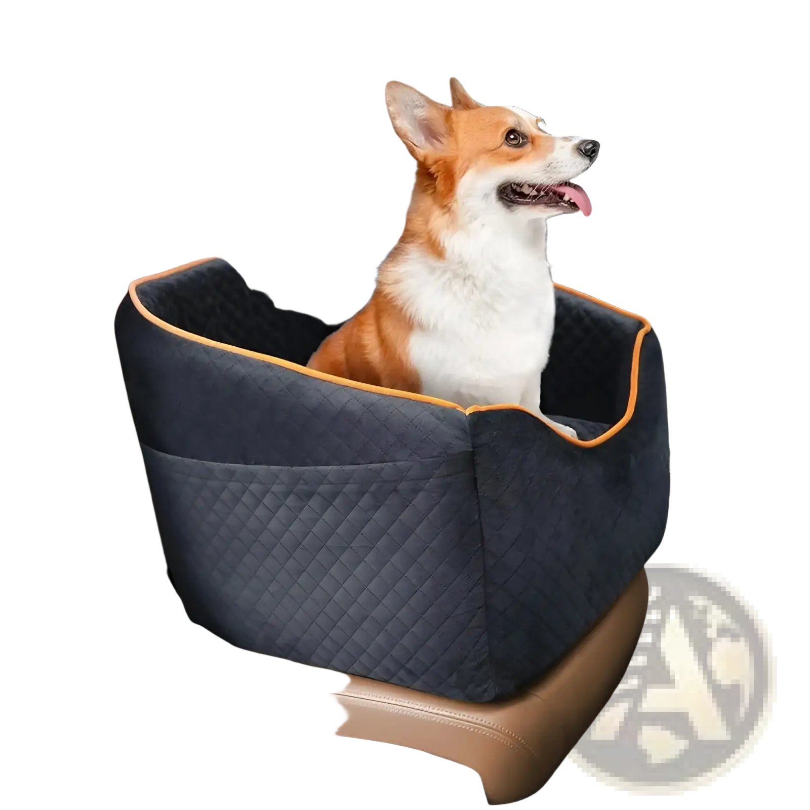 Navy blue quilted elevated pet car seat with orange trim and secure harness straps memory sponge dog sofa
