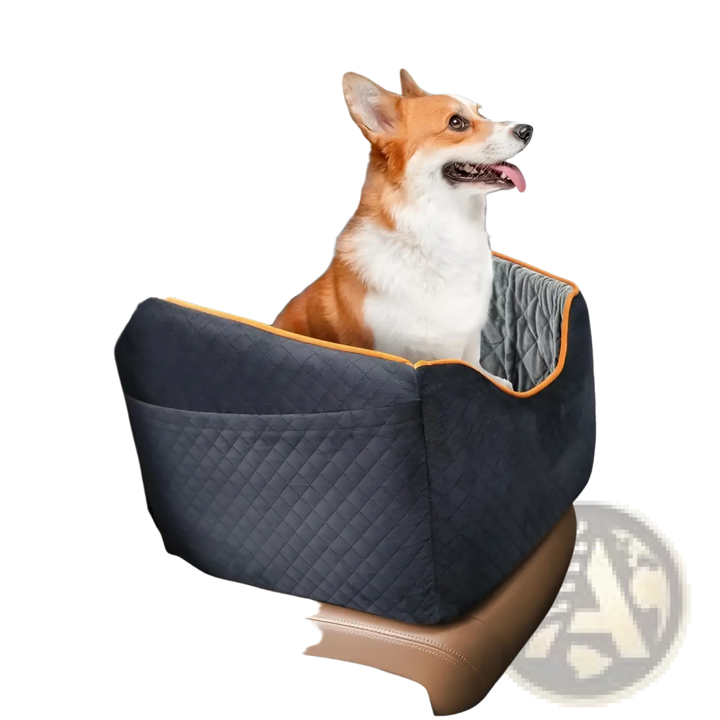 Navy blue quilted elevated pet car seat with orange trim memory sponge and black safety straps for dogs