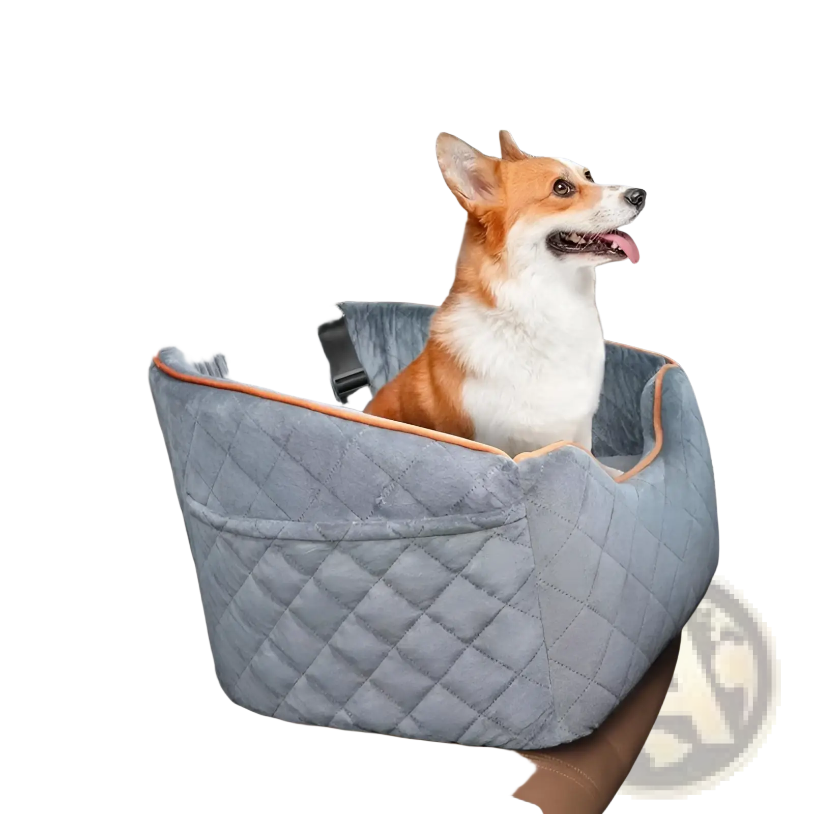 Gray quilted elevated pet car seat with orange trim memory sponge and black safety straps for dog travel comfort