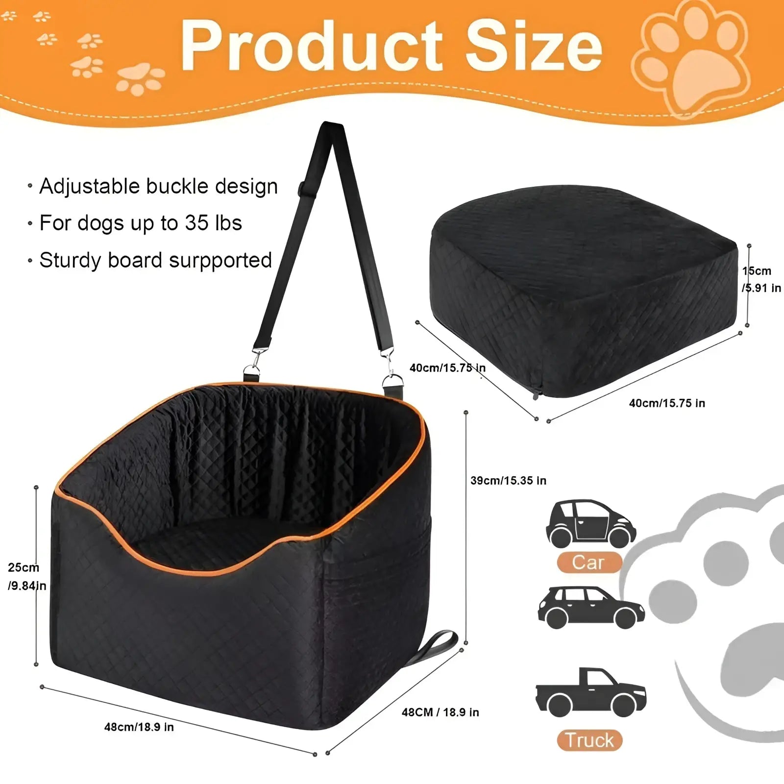 Black quilted elevated pet car seat with orange trim and adjustable shoulder strap memory sponge dog sofa