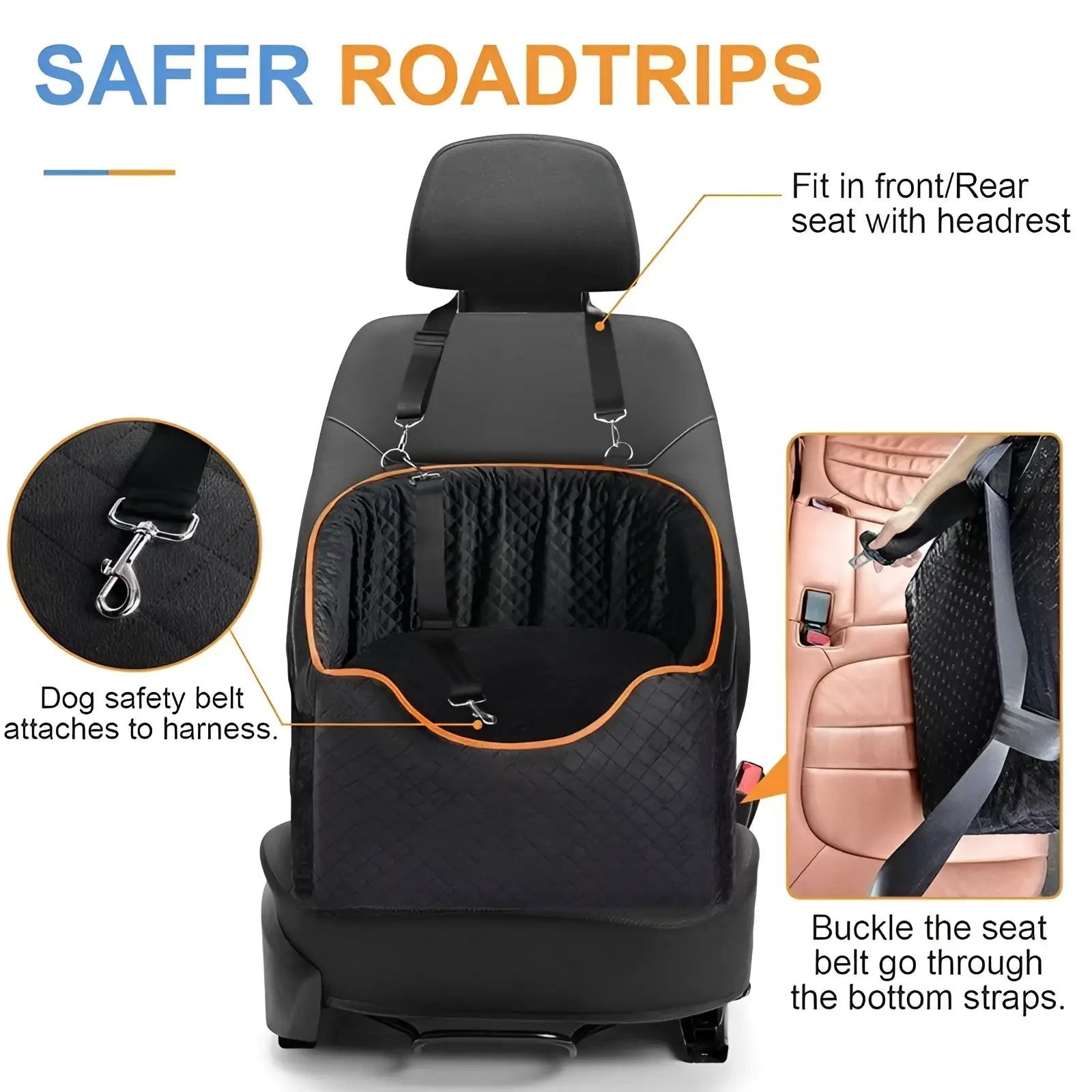 Black quilted pet seat cover with orange trim and adjustable straps for secure dog safety in elevated pet car seat