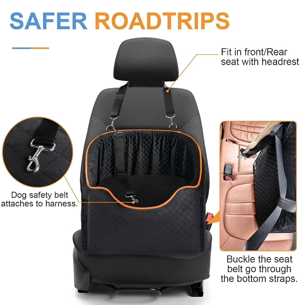 Black quilted pet seat cover with orange trim and adjustable straps for secure dog safety in elevated pet car seat