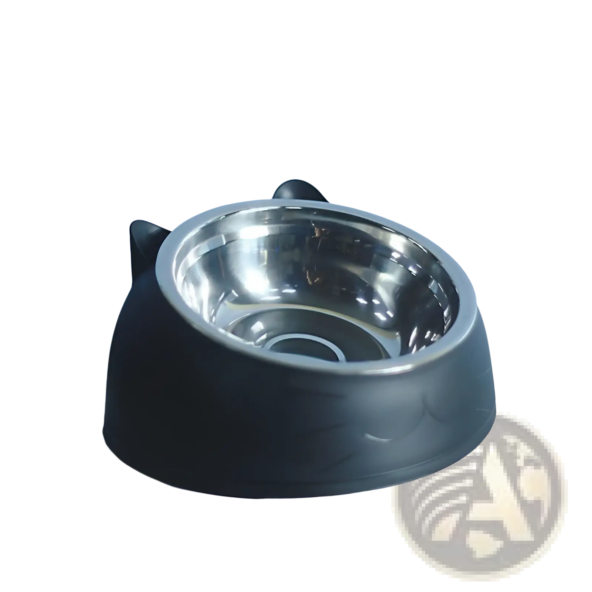 Black silicone elevated stainless steel cat bowl with tilt protection and shiny inner basin for pet feeding