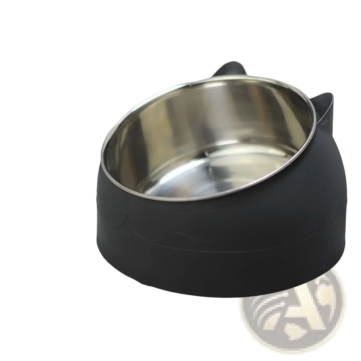 Black silicone elevated stainless steel cat bowl with tilt protection and two small side handles