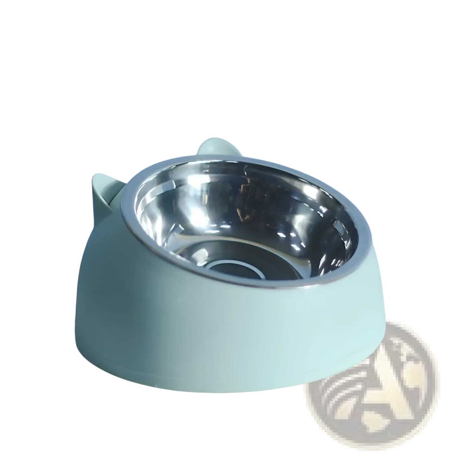 Elevated stainless steel cat bowl with tilt protection in mint green featuring a shiny stainless steel interior