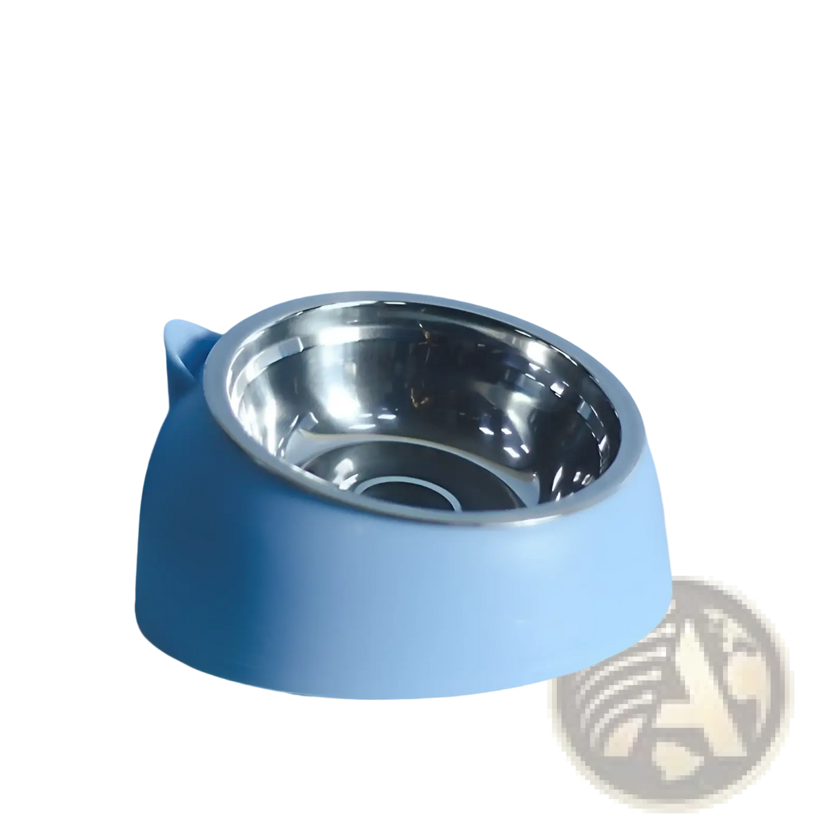 Light blue elevated stainless steel cat bowl with tilt protection featuring silicone cat ear handles and a shiny interior