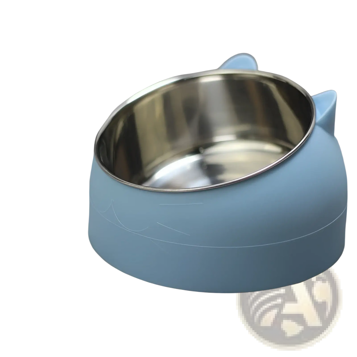 Light blue elevated stainless steel cat bowl with tilt protection silicone exterior and cat ear handles