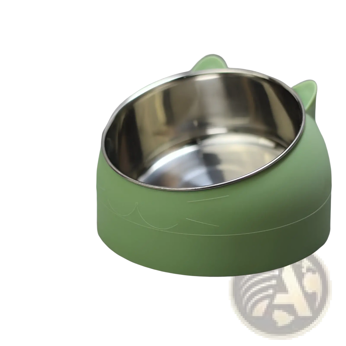 Green silicone elevated cat bowl with stainless steel interior and cat ear handles featuring tilt protection
