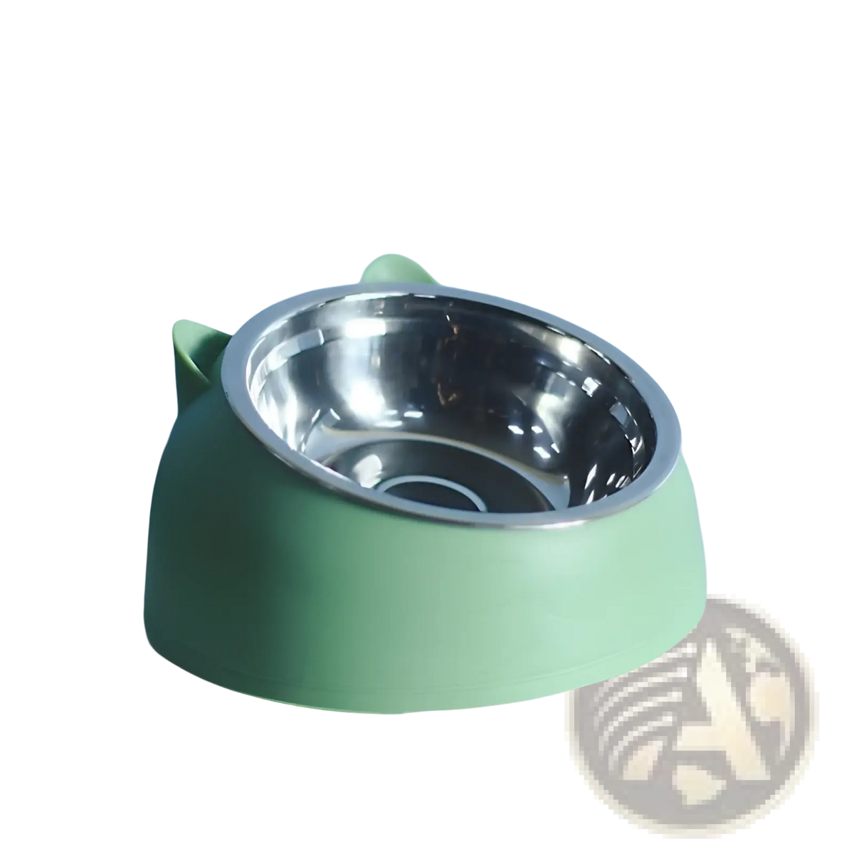 A mint green elevated stainless steel cat bowl with tilt protection and silicone ears shaped sides