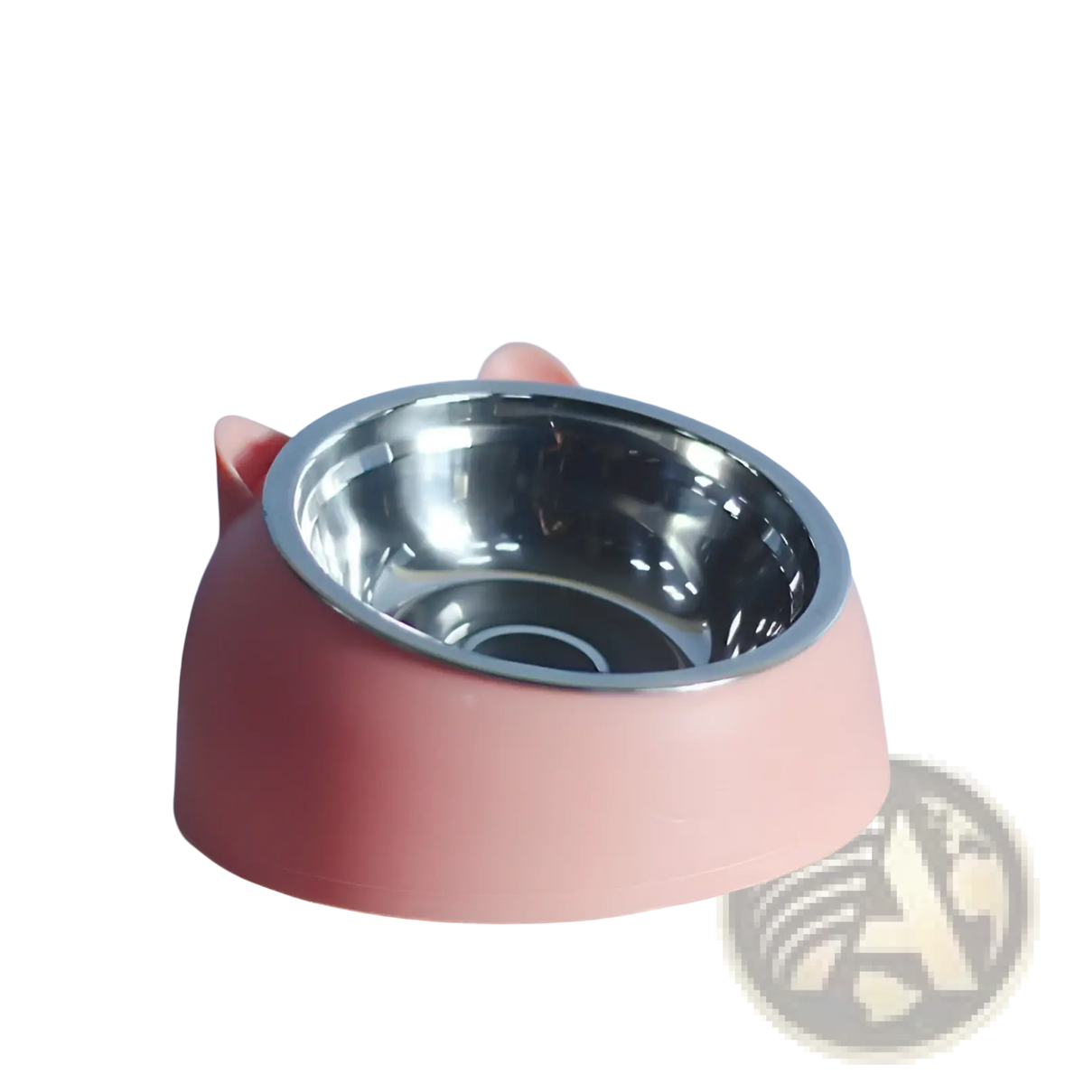 Elevated stainless steel cat bowl with tilt protection featuring a pink silicone outer and cat ear-shaped handles