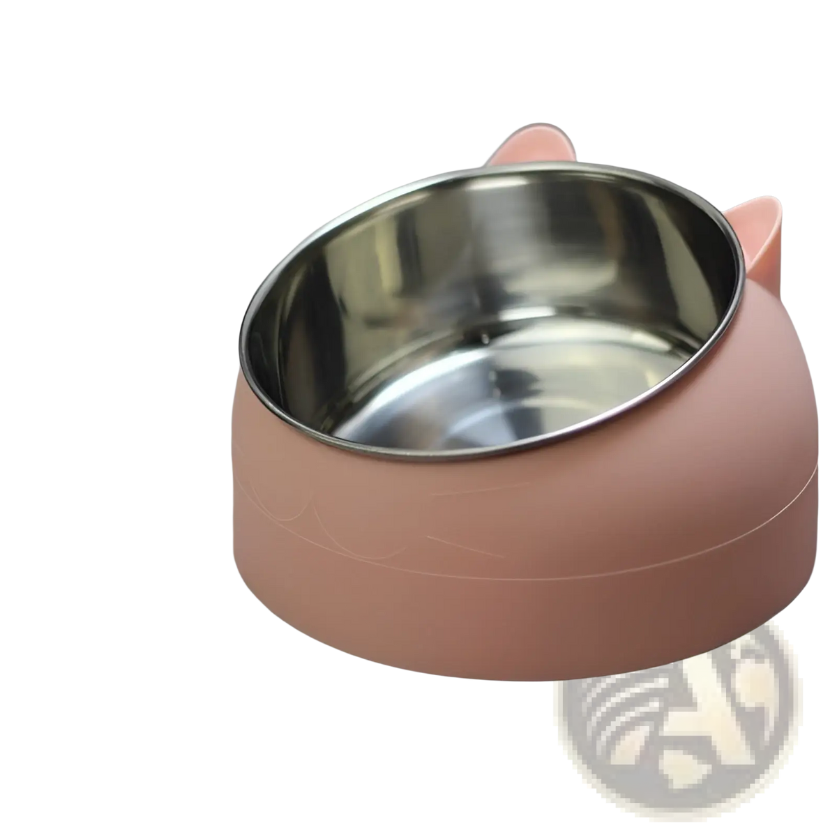 Elevated stainless steel cat bowl with tilt protection featuring pink silicone cat-shaped outer and stainless steel inner lining