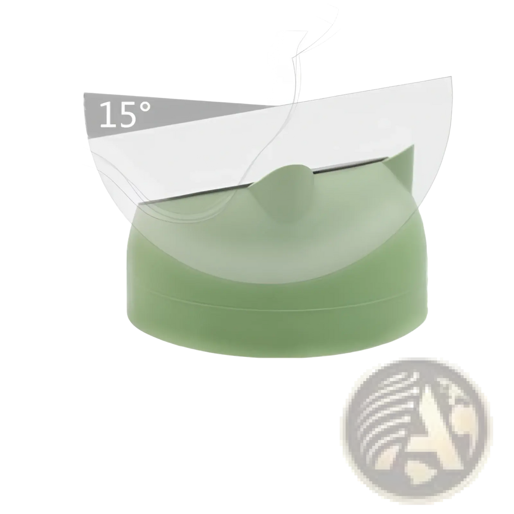 A light green ergonomic eating utensil with a curved handle designed for comfortable use at 15 degrees angle