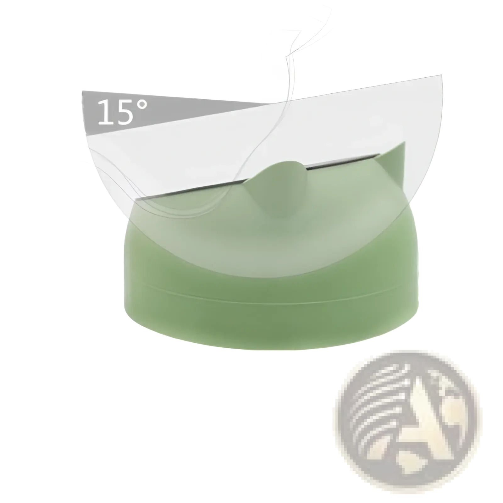 A light green ergonomic eating utensil with a curved handle designed for comfortable use at 15 degrees angle