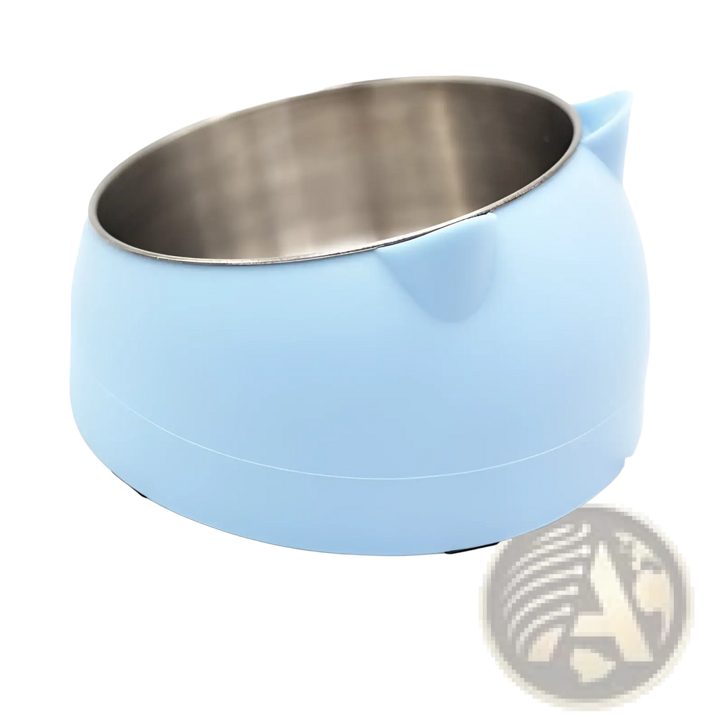Light blue cat-shaped elevated stainless steel heated pet bowl with tilt protection and interior stainless steel lining