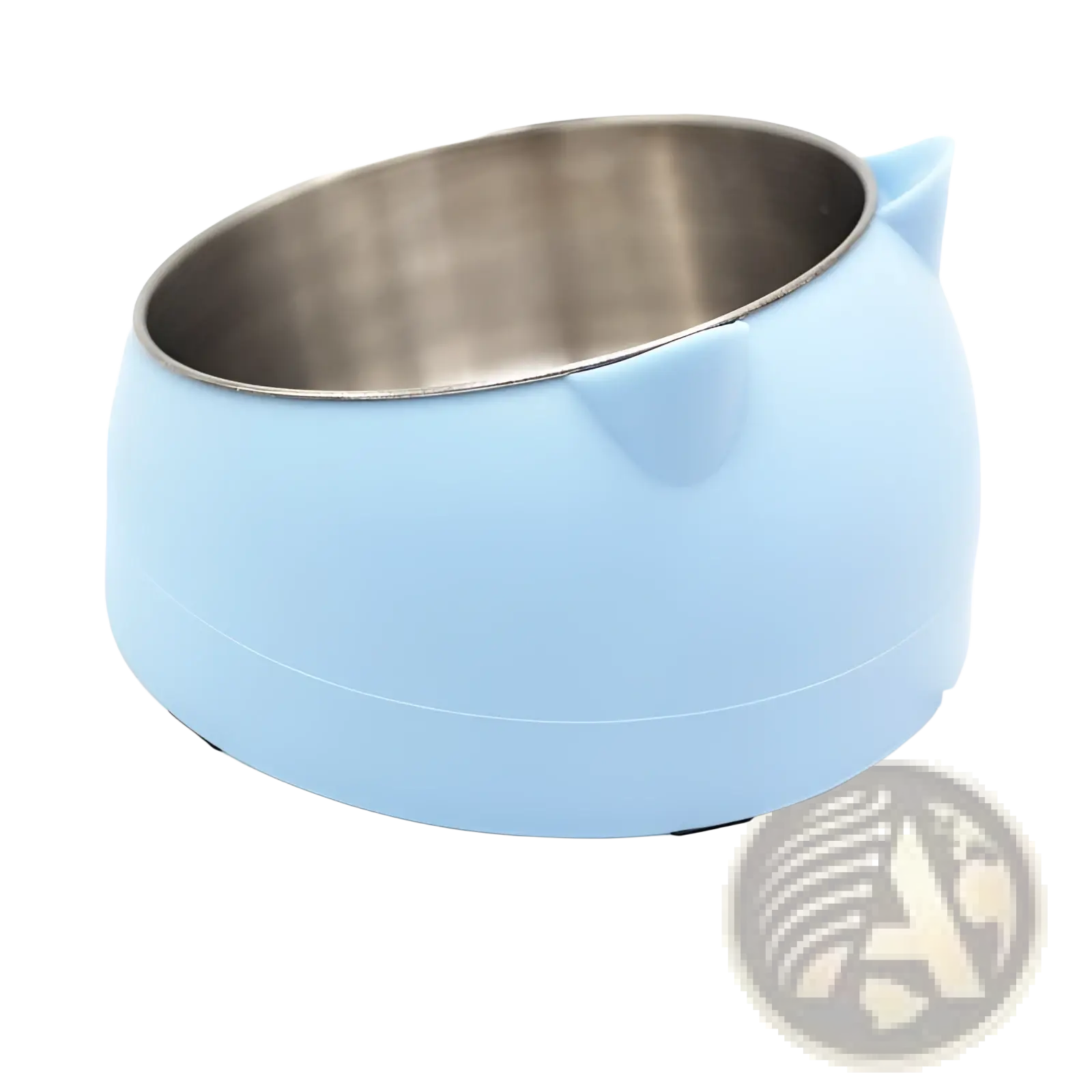 Light blue cat-shaped elevated stainless steel heated pet bowl with tilt protection and interior stainless steel lining