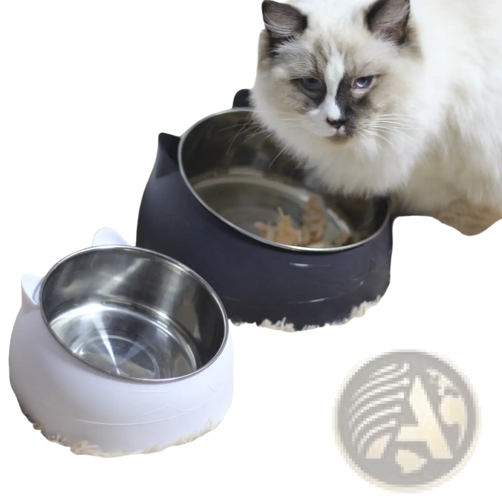 White cat-shaped elevated stainless steel cat bowl with tilt protection and stainless steel interior facing front