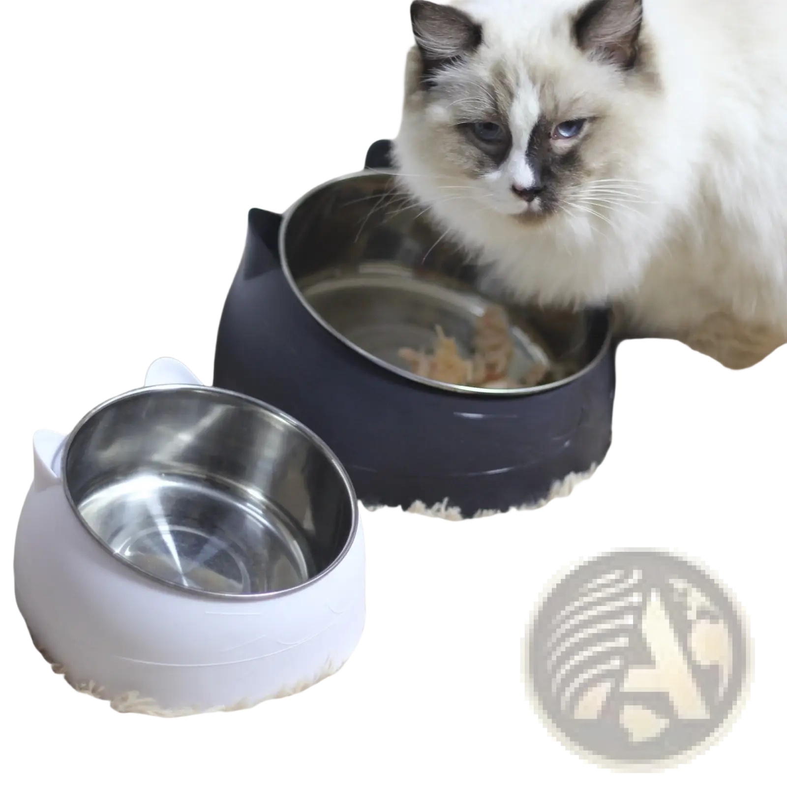 White cat-shaped elevated stainless steel cat bowl with tilt protection and stainless steel interior facing front
