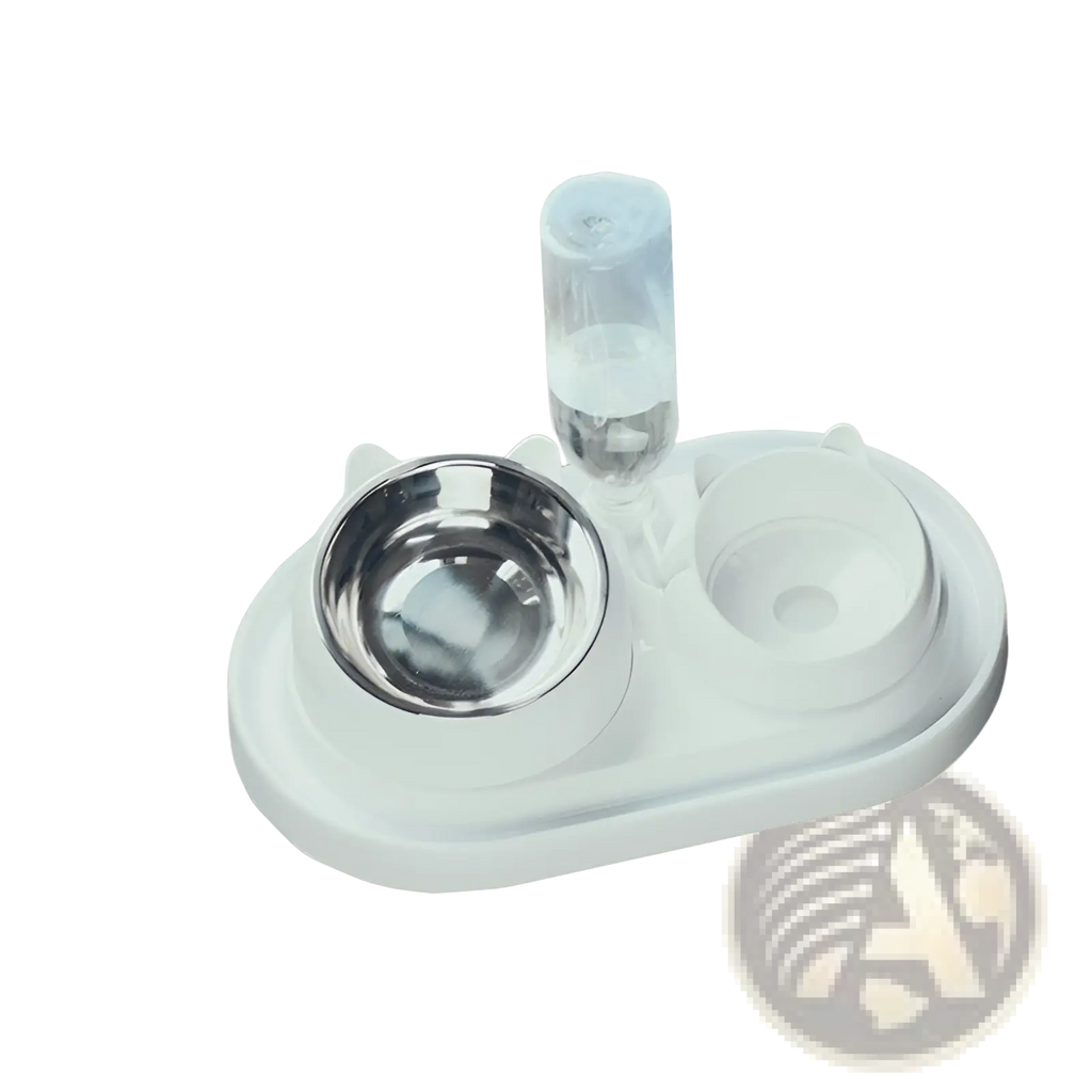 Elevated stainless steel cat bowl with tilt protection featuring a white plastic feeder and clear water dispenser