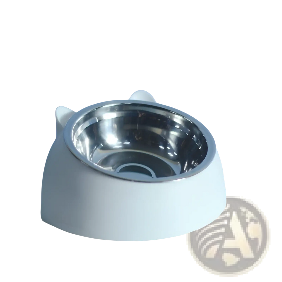 Elevated white cat-shaped pet food bowl with tilt protection featuring a shiny stainless steel interior