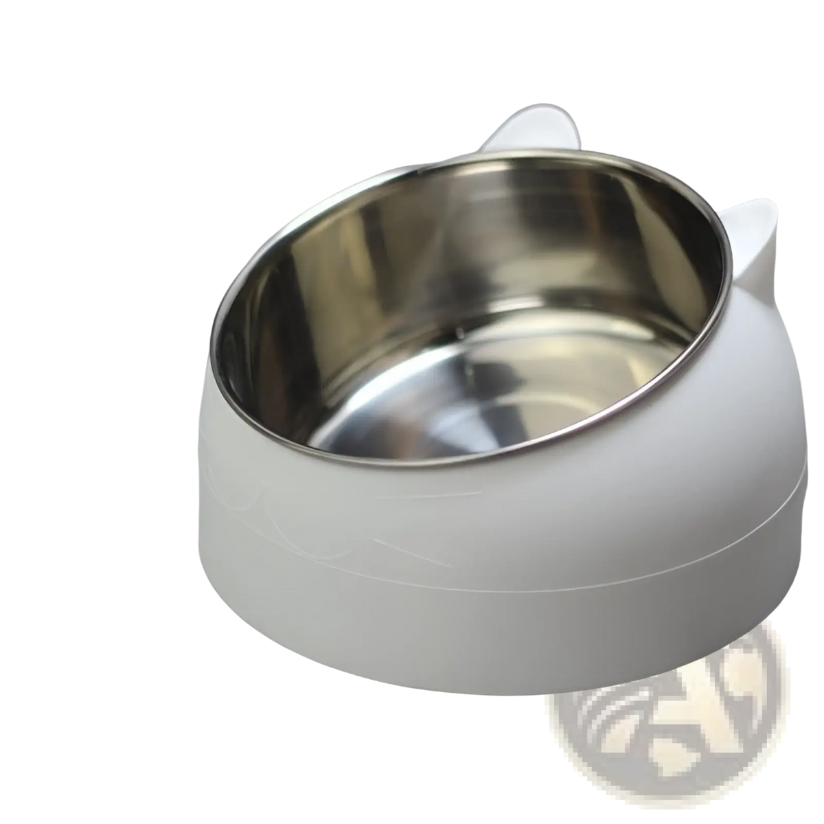 Elevated white cat ear pet bowl with stainless steel interior and tilt protection for comfortable feeding