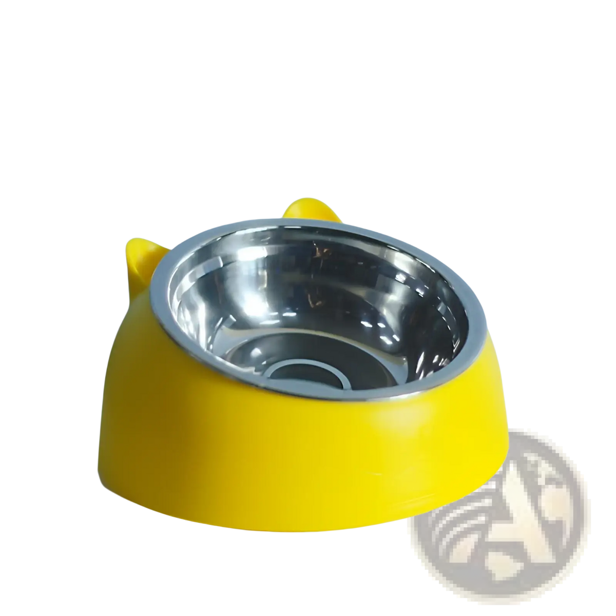 Yellow elevated stainless steel cat bowl with tilt protection featuring a plastic outer shell and two molded ear handles