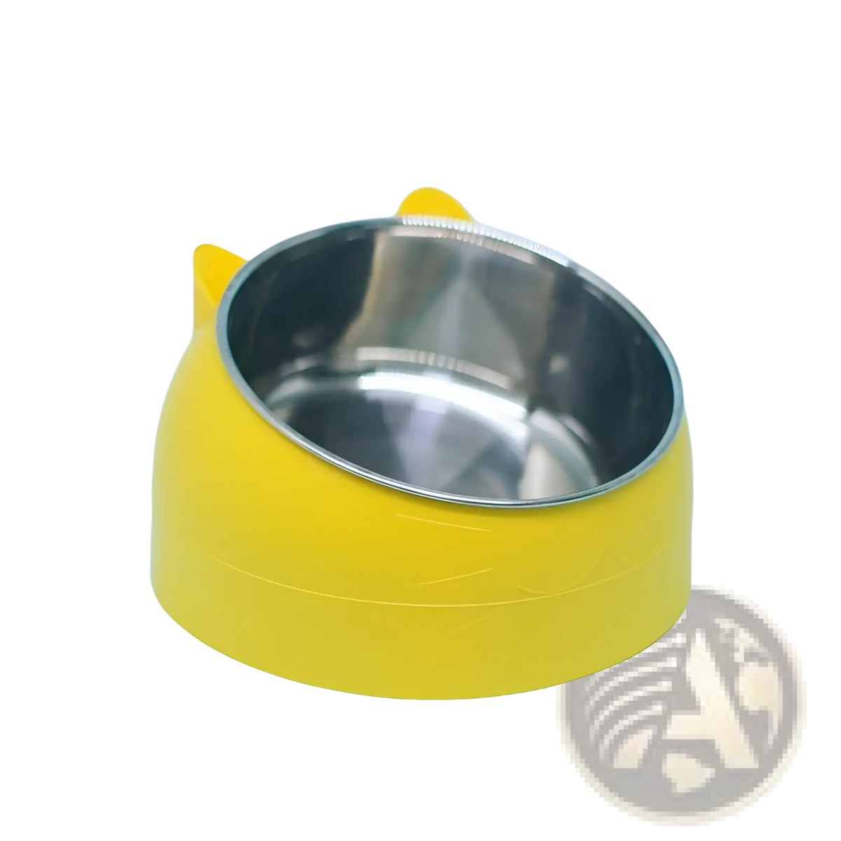 Yellow plastic elevated cat bowl with stainless steel interior and tilt protection for pet feeding