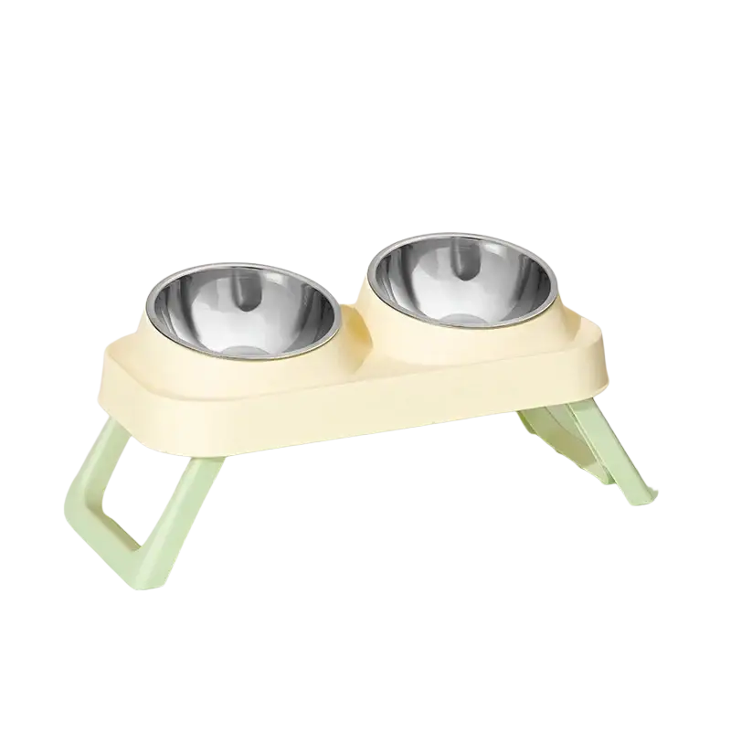 Elevated cream-colored plastic pet feeder with two stainless steel tilt bowls for improved feeding ergonomics