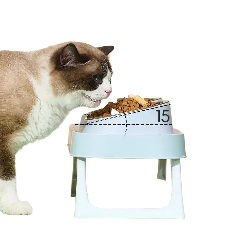 Light blue adjustable stainless steel cat food bowl with a 15-degree tilt angle in elevated pet feeder design