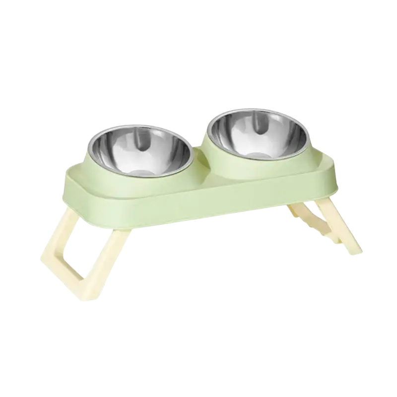 Elevated light green plastic pet feeder with two stainless steel tilt bowls for convenient feeding