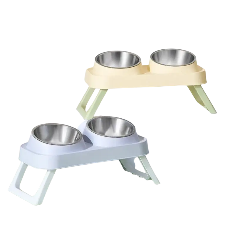 Elevated stainless steel pet feeder with two-tone pastel yellow and light blue plastic base and tilt bowls