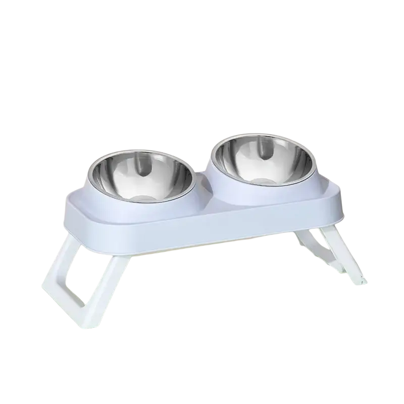 Elevated white plastic pet feeder with two stainless steel tilt bowls for improved feeding posture