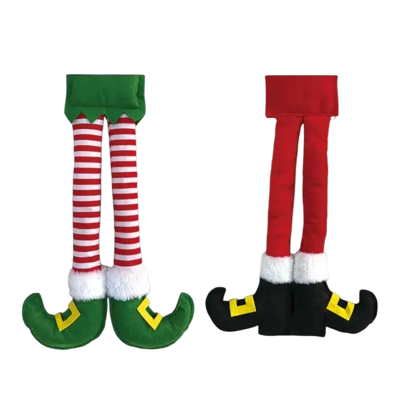 A festive elf leg christmas tree door decoration featuring plush green and red legs with striped socks and buckle shoes