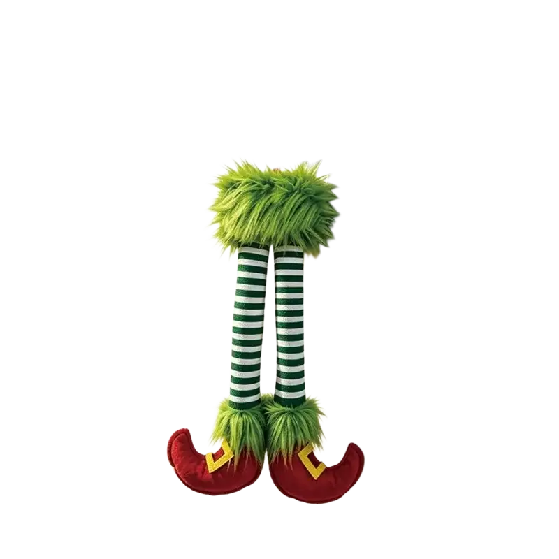 Green and red elf leg christmas tree door decoration with striped socks and fuzzy feet hanging from car mirror