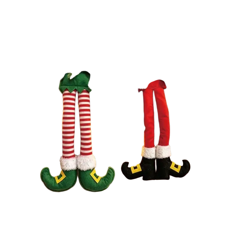A pair of festive elf leg christmas tree decorations with green and red striped and solid red velvet fabric legs