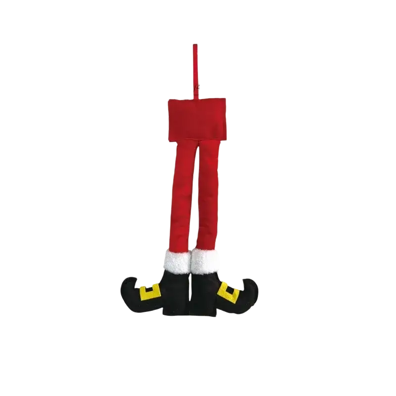 Elf leg christmas tree door decoration in red and black with white fur trim and gold buckle details on shoes
