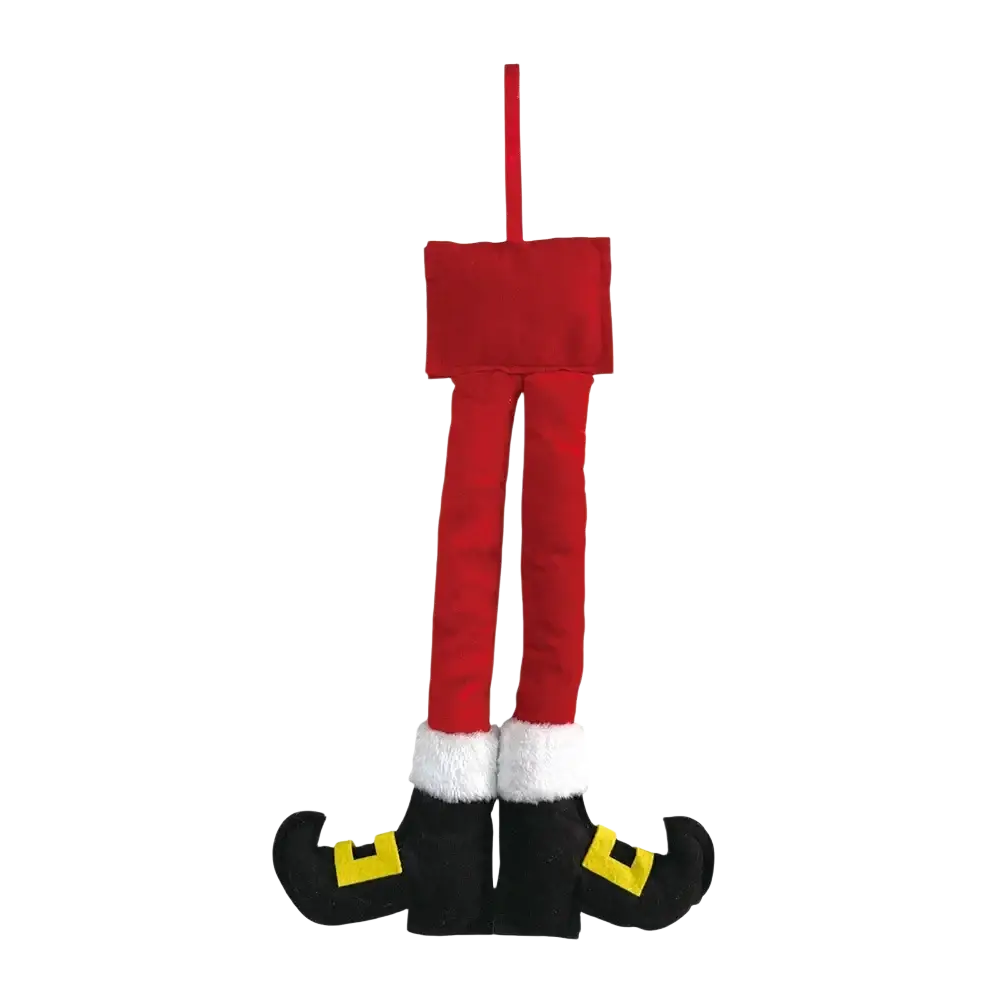 Red felt elf leg ornament with black boots and yellow buckles for christmas tree and door decoration